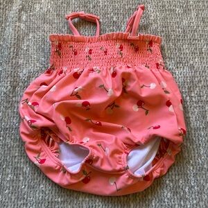 Janie and Jack Baby Girl Cherry One Piece Swimsuit 6-12M Coral Pink Ruched Bows